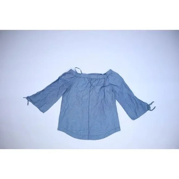 Free People Blue Cotton Linen Blend Show Some Shoulder Chambray Top Womens S - Picture 3 of 7